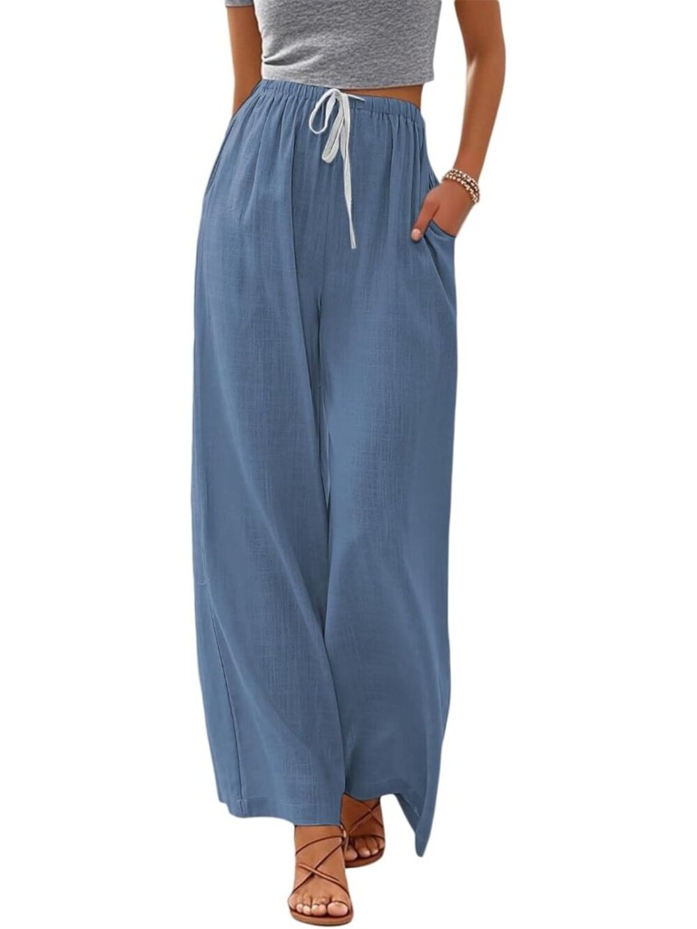〽️Women's Wide Leg Pants Blue Polyester Drawstring Summer comfortable Drawstring